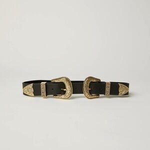 B-Low the Belt Black and Gold Double Buckle Belt